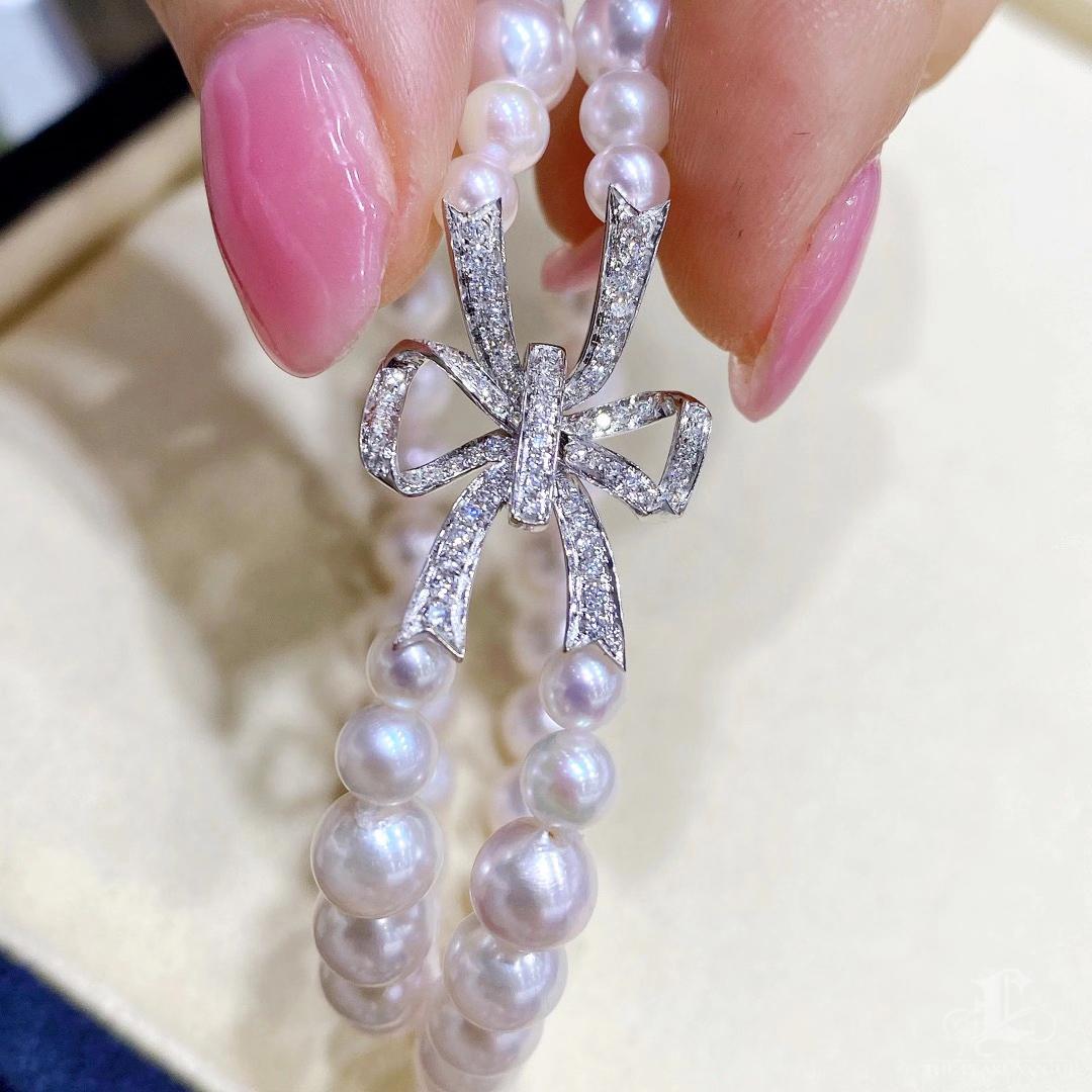 【Lustre Arc】Aurora Ribbon Bow Akoya Pearl Double-Strand Diamond Bracelet Pour femmes en vente