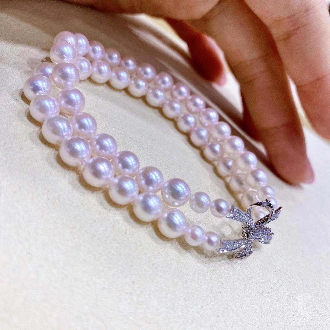 【Lustre Arc】Aurora Ribbon Bow Akoya Pearl Double-Strand Diamond Bracelet en vente 2
