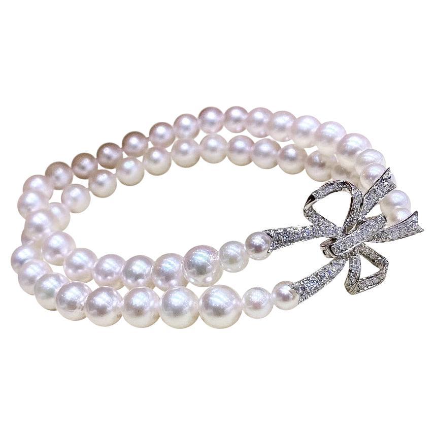【Lustre Arc】Aurora Ribbon Bow Akoya Pearl Double-Strand Diamond Bracelet