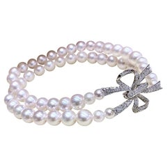 【Lustre Arc】Aurora Ribbon Bow Akoya Pearl Double-Strand Diamond Bracelet