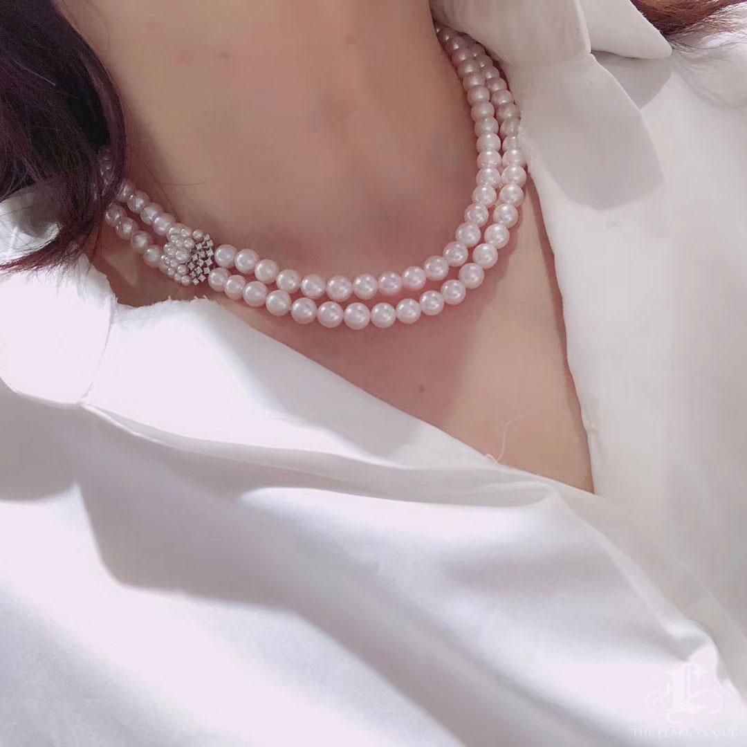 Non taillé 【Sculptured Geometry】Akoya Pearl & Diamond Double-Strand Necklace en vente