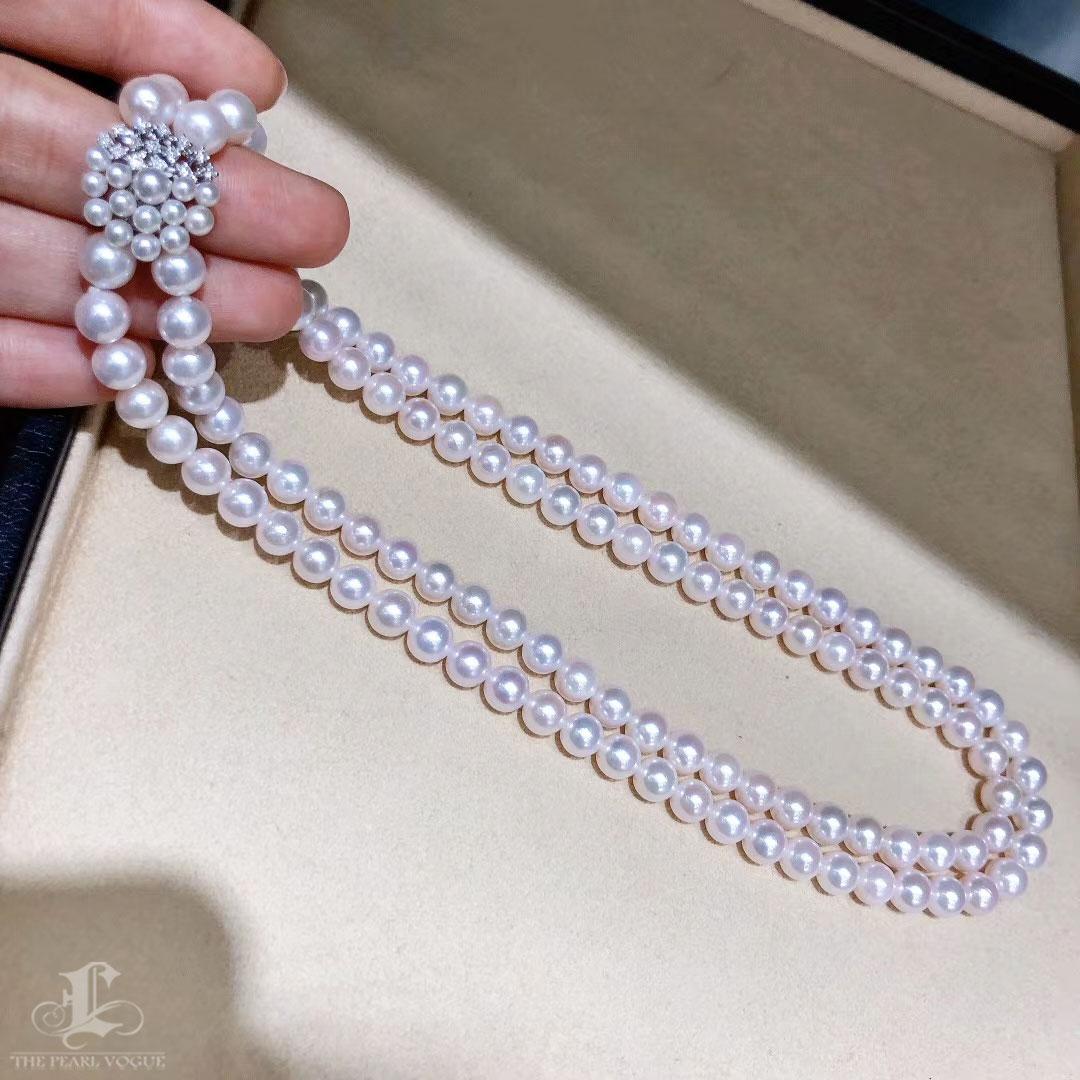 【Sculptured Geometry】Akoya Pearl & Diamond Double-Strand Necklace en vente 1