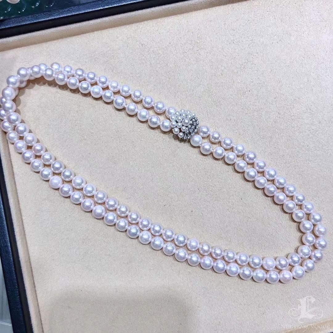 【Sculptured Geometry】Akoya Pearl & Diamond Double-Strand Necklace en vente 4