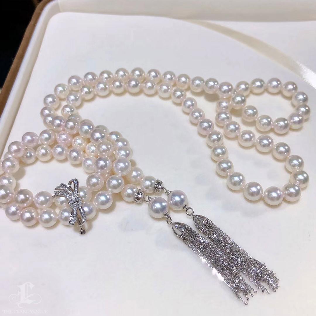 【 Geometría esculpida】Collar largo de borlas de perlas Akoya con cierre de lazo convertible en venta 2