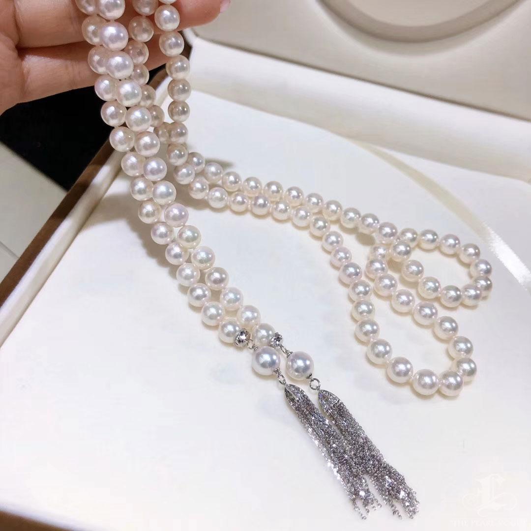 【 Geometría esculpida】Collar largo de borlas de perlas Akoya con cierre de lazo convertible en venta 3