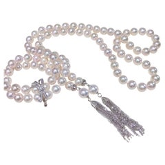 【Lustre Arc】Akoya Pearl Tassel Long Necklace with Convertible Bow Clasp