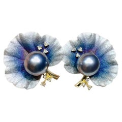 Lotus Leaf Diamond Dust Tahitian Pearl Earrings