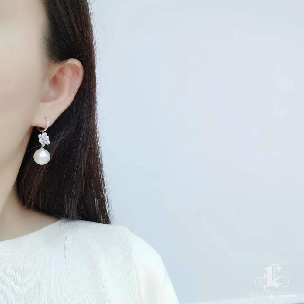 Uncut 【Vine Symphony】Blooming Grace South Sea Pearl & Diamond Pavé Floral Earrings For Sale