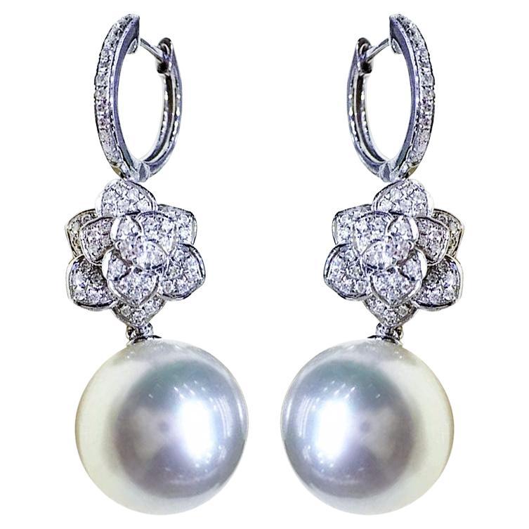【Vine Symphony】Blooming Grace South Sea Pearl & Diamond Pavé Floral Earrings For Sale