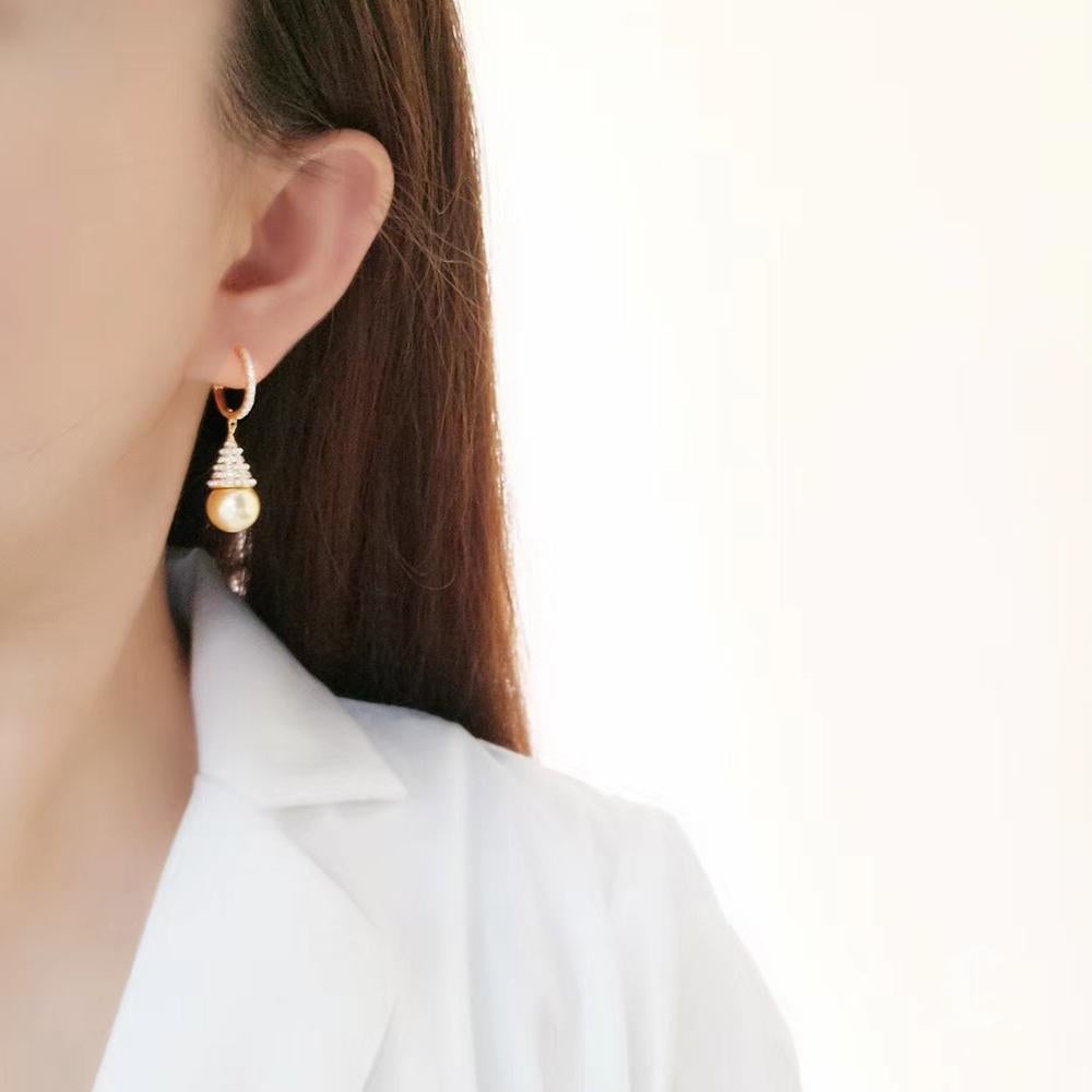 Uncut 【Crown Radiance】Diamond AAAA Golden South Sea Pearl Statement Earrings For Sale