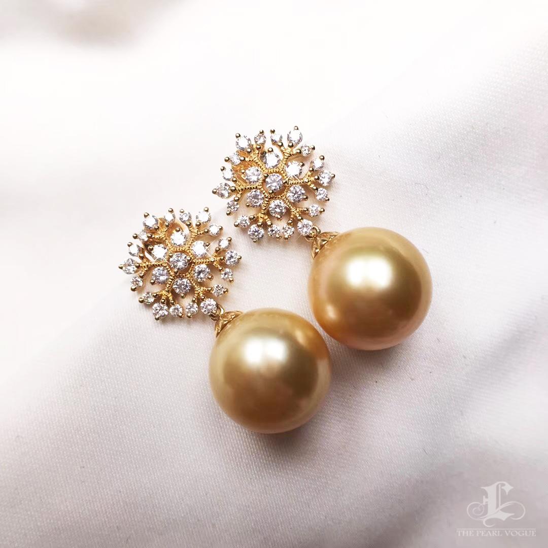 【Vine Symphony】Vergoldeter Schneefall Goldene Südsee Perle Diamant Tropfen Ohrringe im Zustand „Neu“ im Angebot in New York, NY