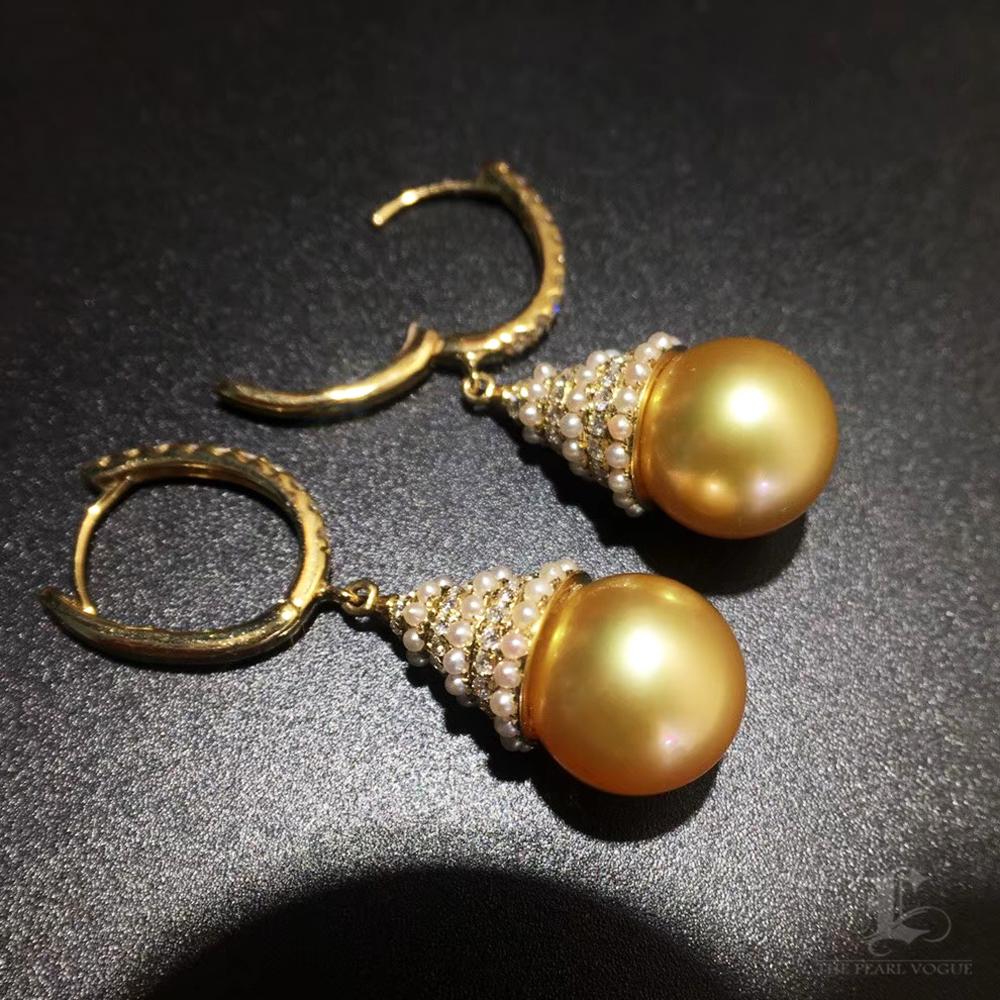 【Crown Radiance】Diamond AAAA Golden South Sea Pearl Statement Earrings In New Condition For Sale In New York, NY