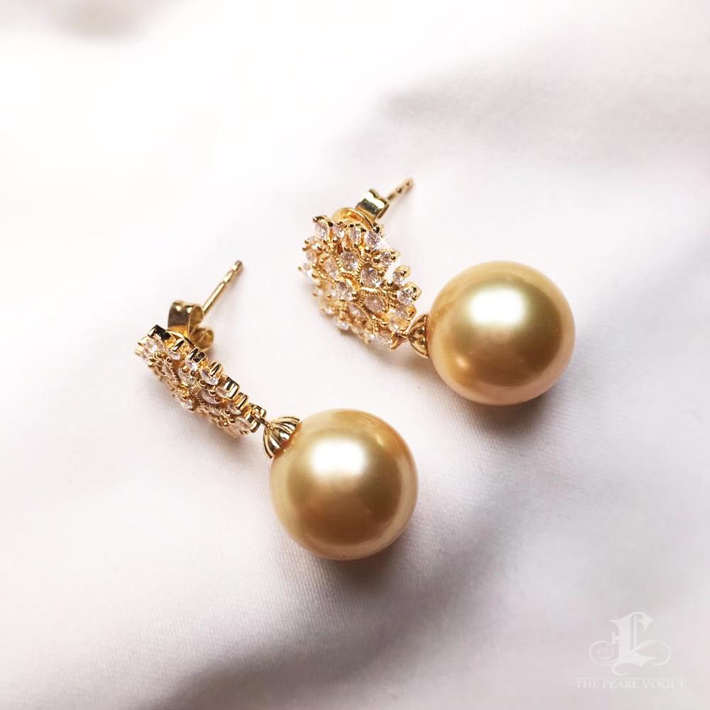 【Vine Symphony】Vergoldeter Schneefall Goldene Südsee Perle Diamant Tropfen Ohrringe Damen im Angebot