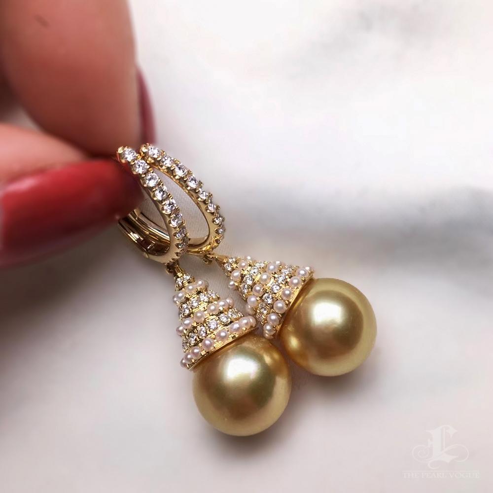 【Crown Radiance】Diamond AAAA Golden South Sea Pearl Statement Earrings For Sale 1