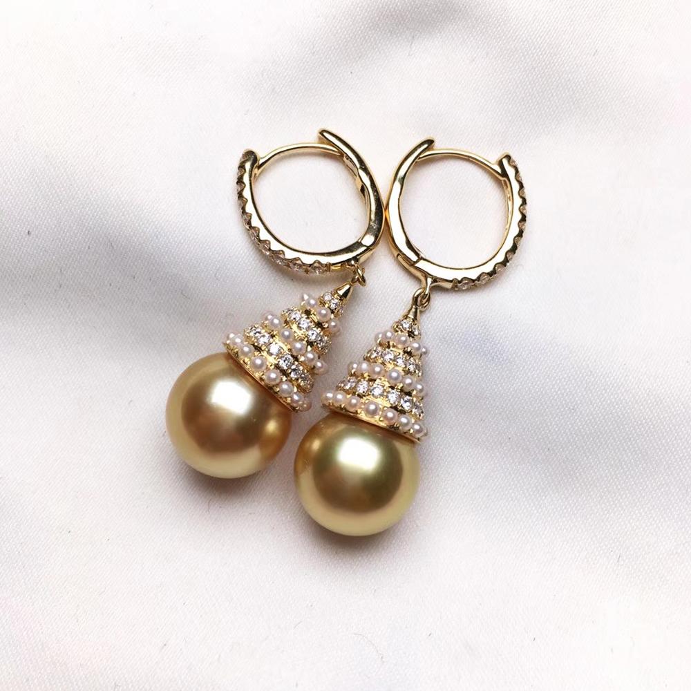 【Crown Radiance】Diamond AAAA Golden South Sea Pearl Statement Earrings For Sale 2
