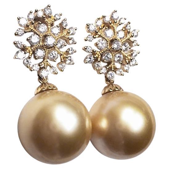 【Vine Symphony】Gilded Snowfall Golden South Sea Pearl Diamond Drop Earrings