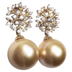 【Vine Symphony】Gilded Snowfall Golden South Sea Pearl Diamond Drop Earrings