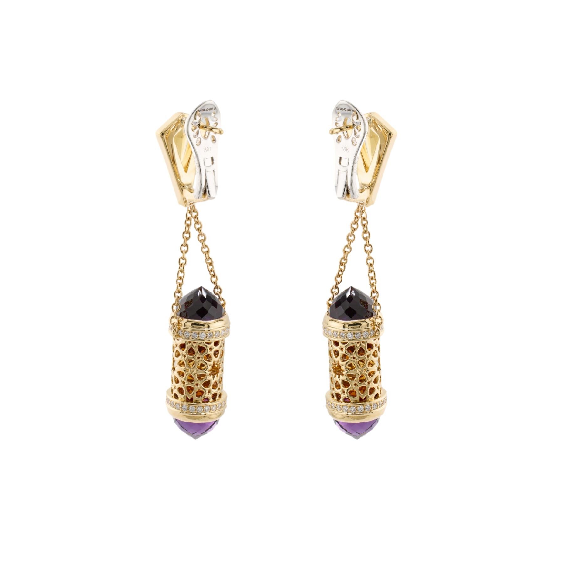 Contemporaneo Orecchini in oro 18K con diamanti, ametista e citrino dal design arabo di MOISEIKIN in vendita