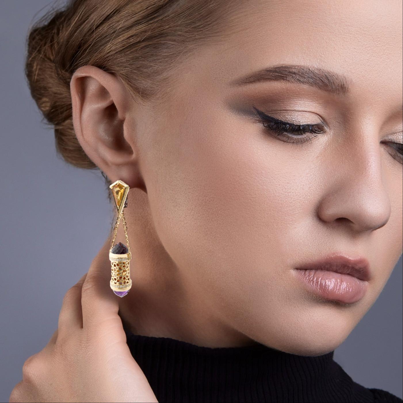 Donna Orecchini in oro 18K con diamanti, ametista e citrino dal design arabo di MOISEIKIN in vendita
