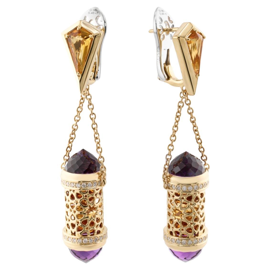 18K Gold Diamond Amethyst Citrine Arabic Design Earrings by MOISEIKIN
