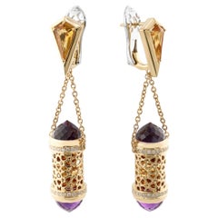 18K Gold Diamond Amethyst Citrine Arabic Design Earrings by MOISEIKIN