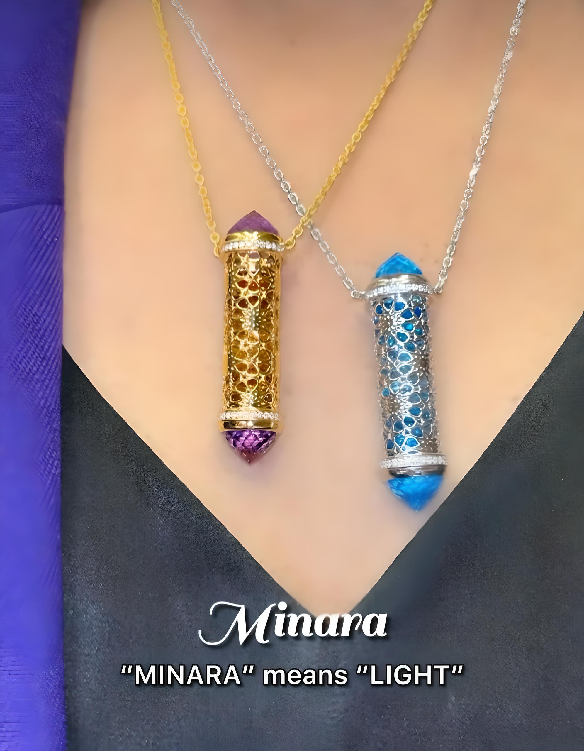 Round Cut 18K Gold Diamond Amethyst Citrine Arabic Design Necklace by MOISEIKIN For Sale