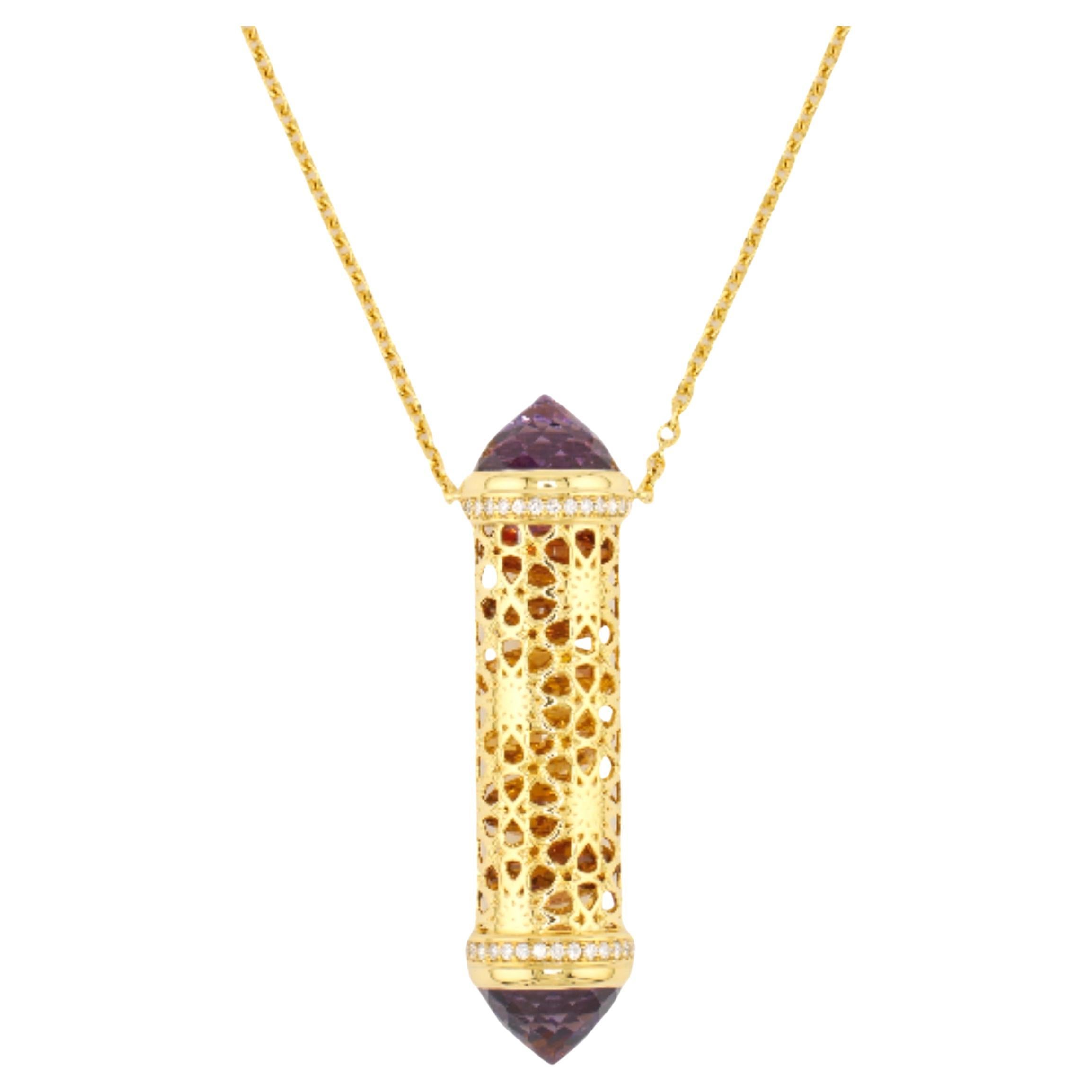 18K Gold Diamond Amethyst Citrine Arabic Design Necklace by MOISEIKIN For Sale