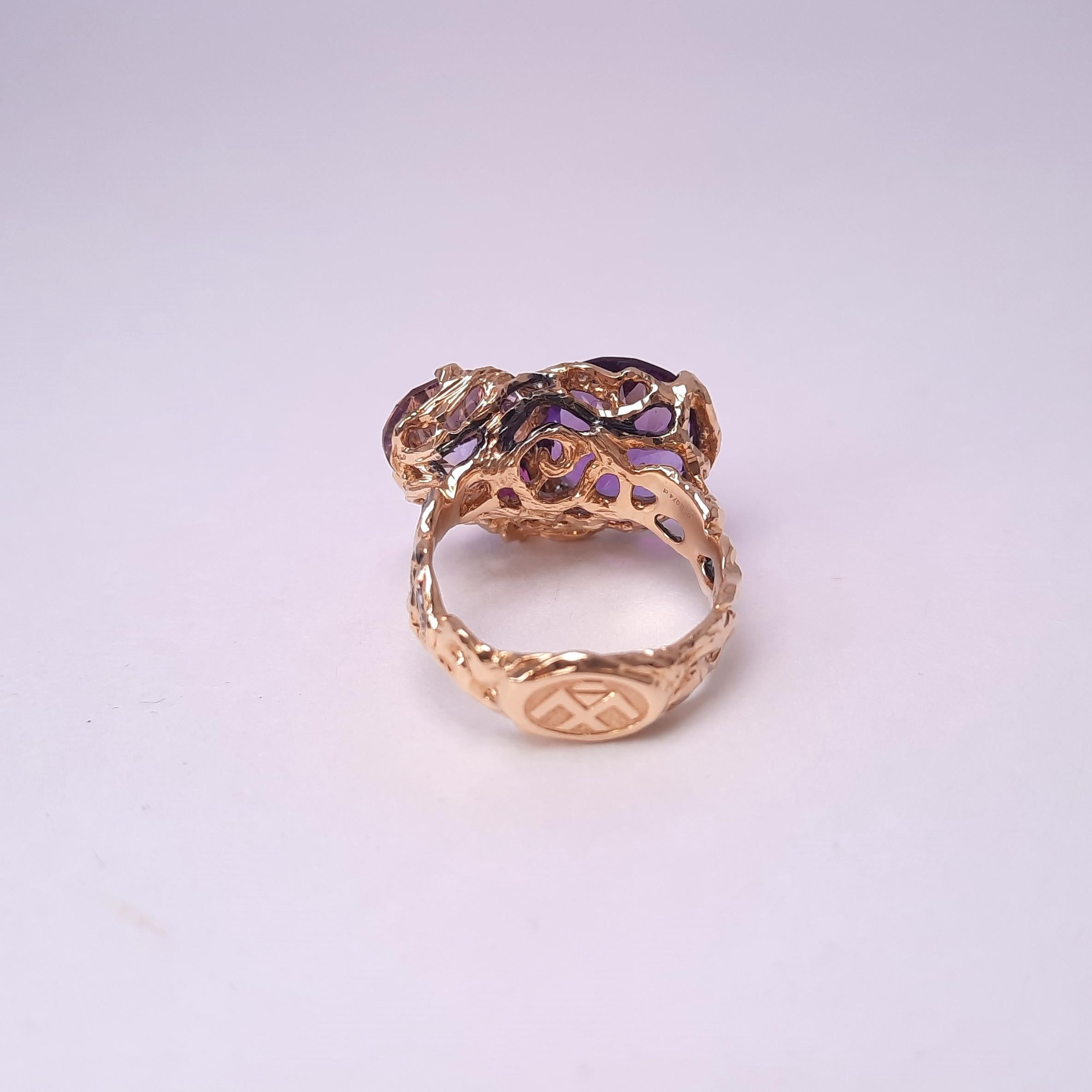 Contemporary 18K Gold Diamond Amethyst Handmade Ring For Sale