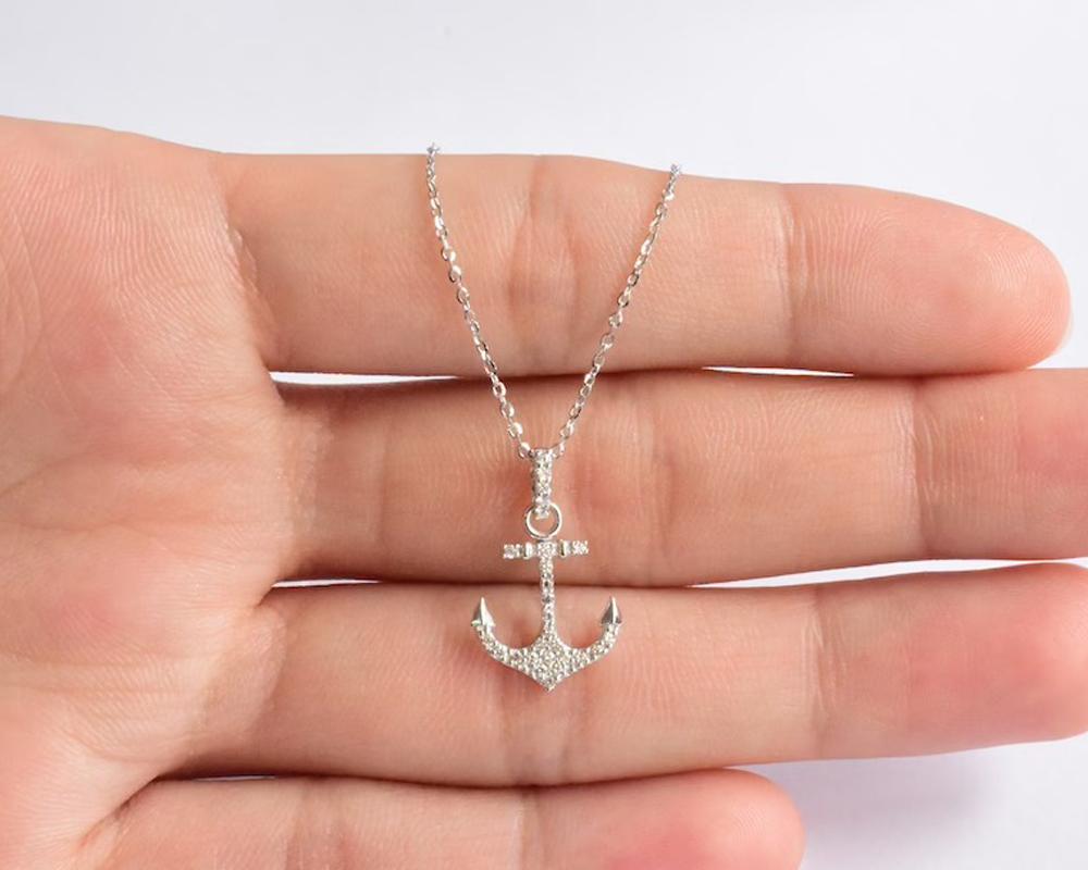 Modern 18k Gold Diamond Anchor Necklace Nautical Necklace Marine Necklace For Sale