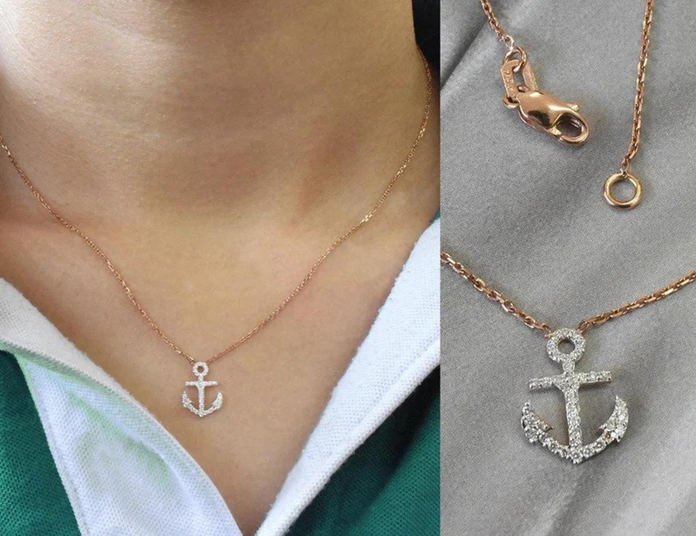 Women's or Men's 18k Gold Diamond Anchor Necklace Ocean Necklace Dainty Diamond Minimalist For Sale