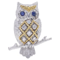 18K Gold Diamond and Cabochon Sapphire Owl Brooch