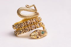 18K Gold Diamond and Emerald Coiled Snake Ring
