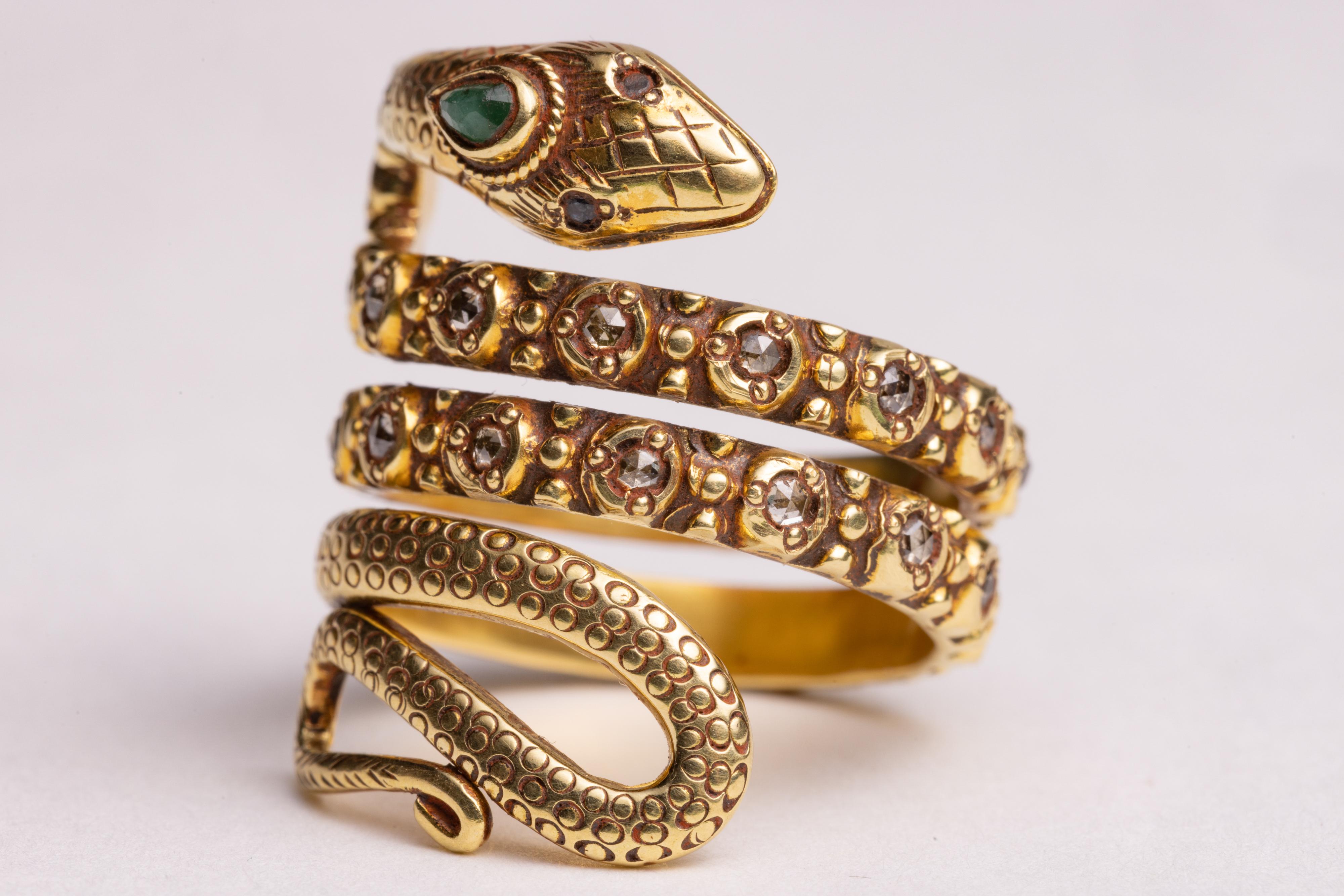 Round Cut 18K Gold Diamond and Emerald Coiled Snake Ring