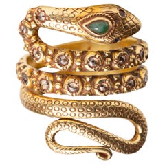 18K Gold Diamond and Emerald Coiled Snake Ring