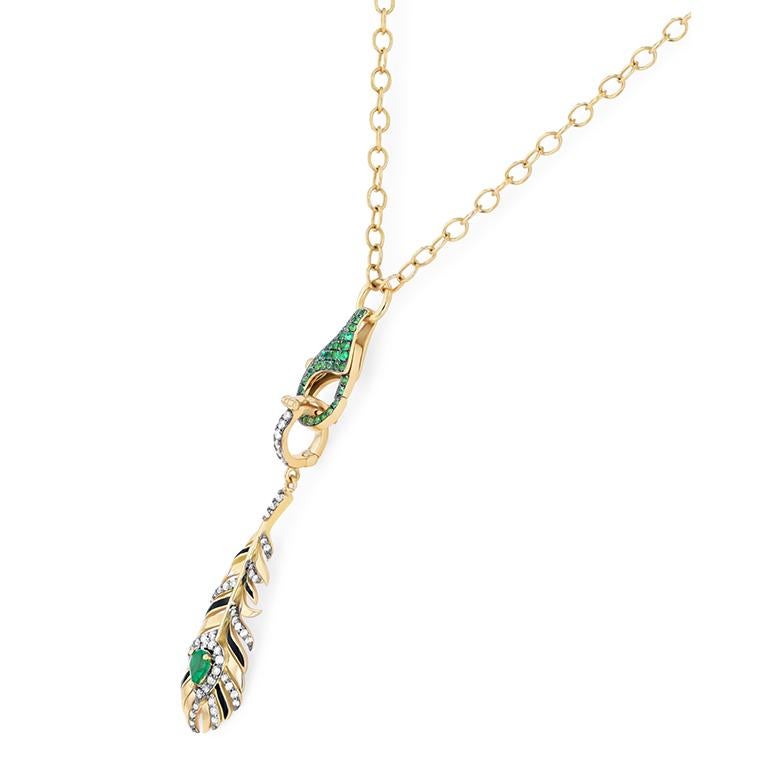 Handcrafted in our workshop from 18k Gold, this beautiful Feather pendant is embellished with white diamonds, rows of enamel and an emerald centre stone. Pairs perfectly with our Diamond Hook chains. Wear it long or short, layered or solo, it looks
