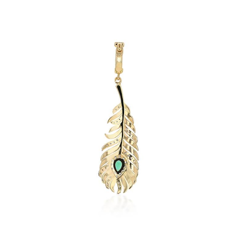 Contemporary 18k Gold Diamond and Emerald Feather pendant For Sale