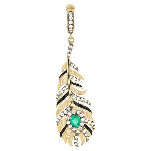 18k Gold Diamond and Emerald Feather pendant