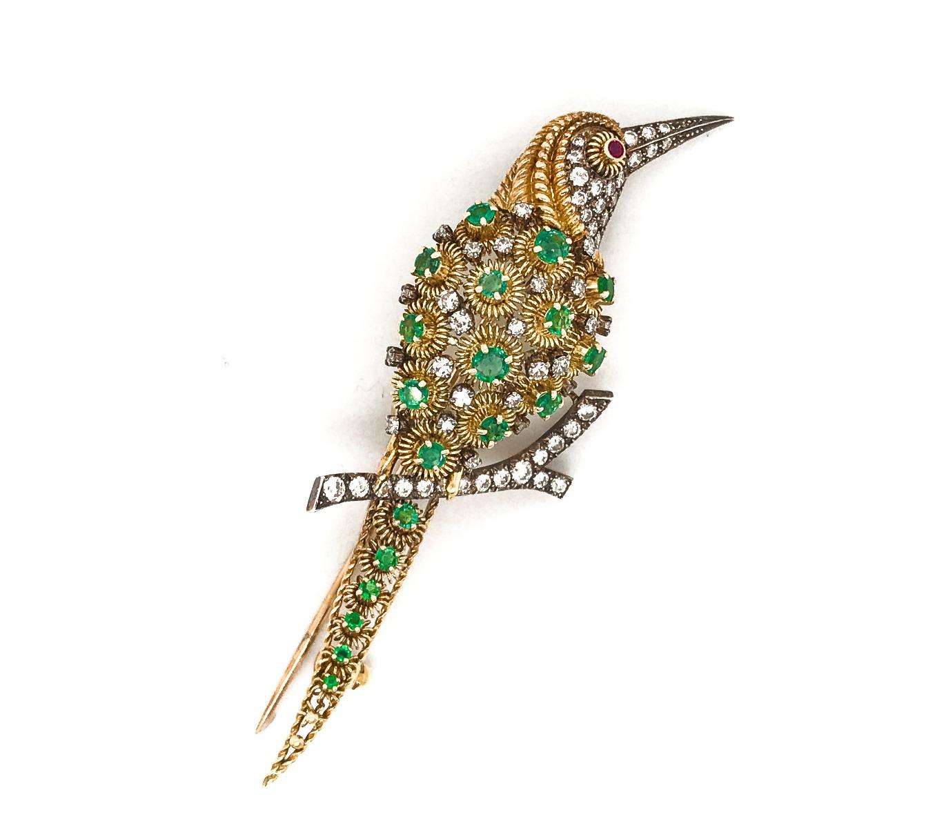 Women's 18 Karat Gold Diamond and Emerald Infused Bird Brooch For Sale