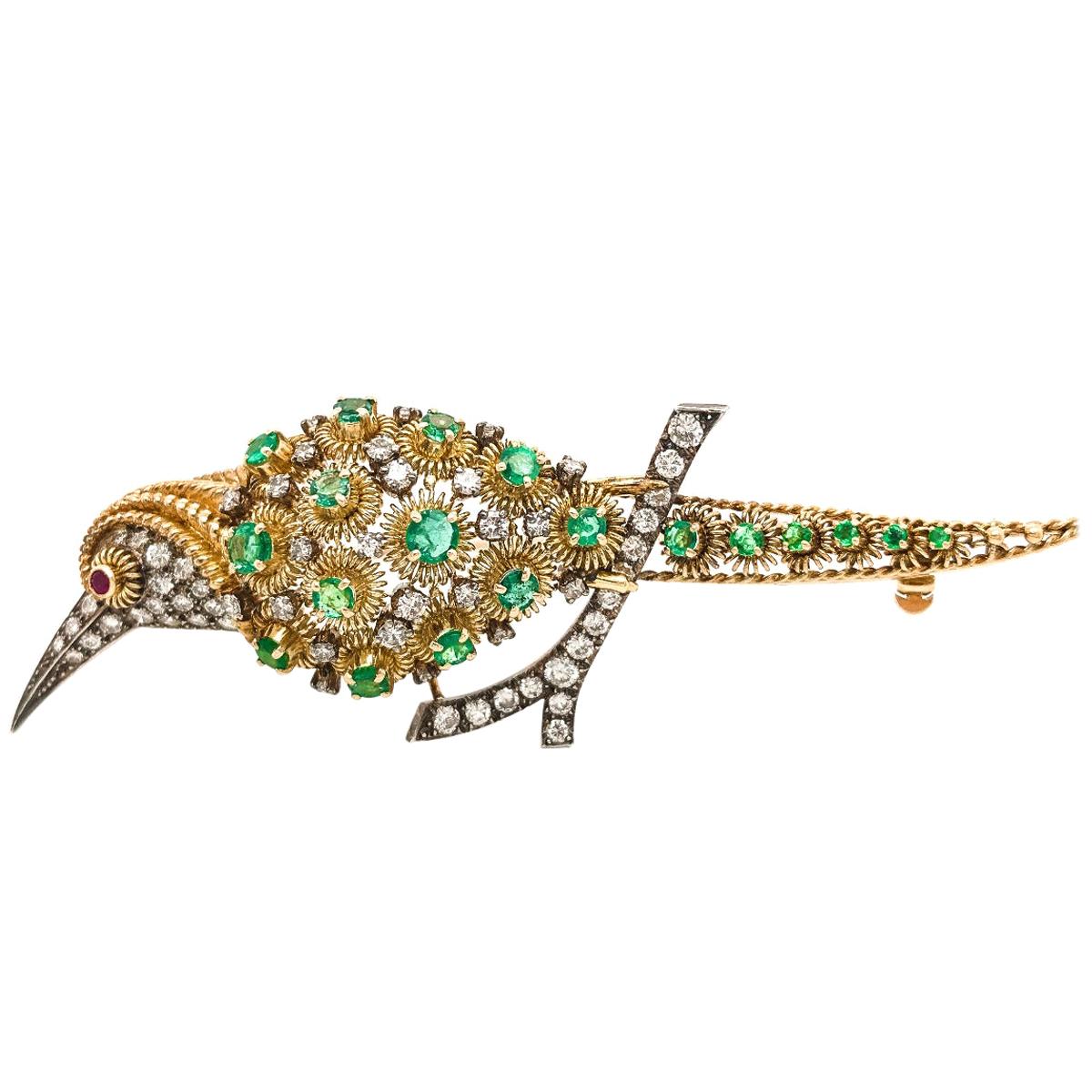 18 Karat Gold Diamond and Emerald Infused Bird Brooch For Sale