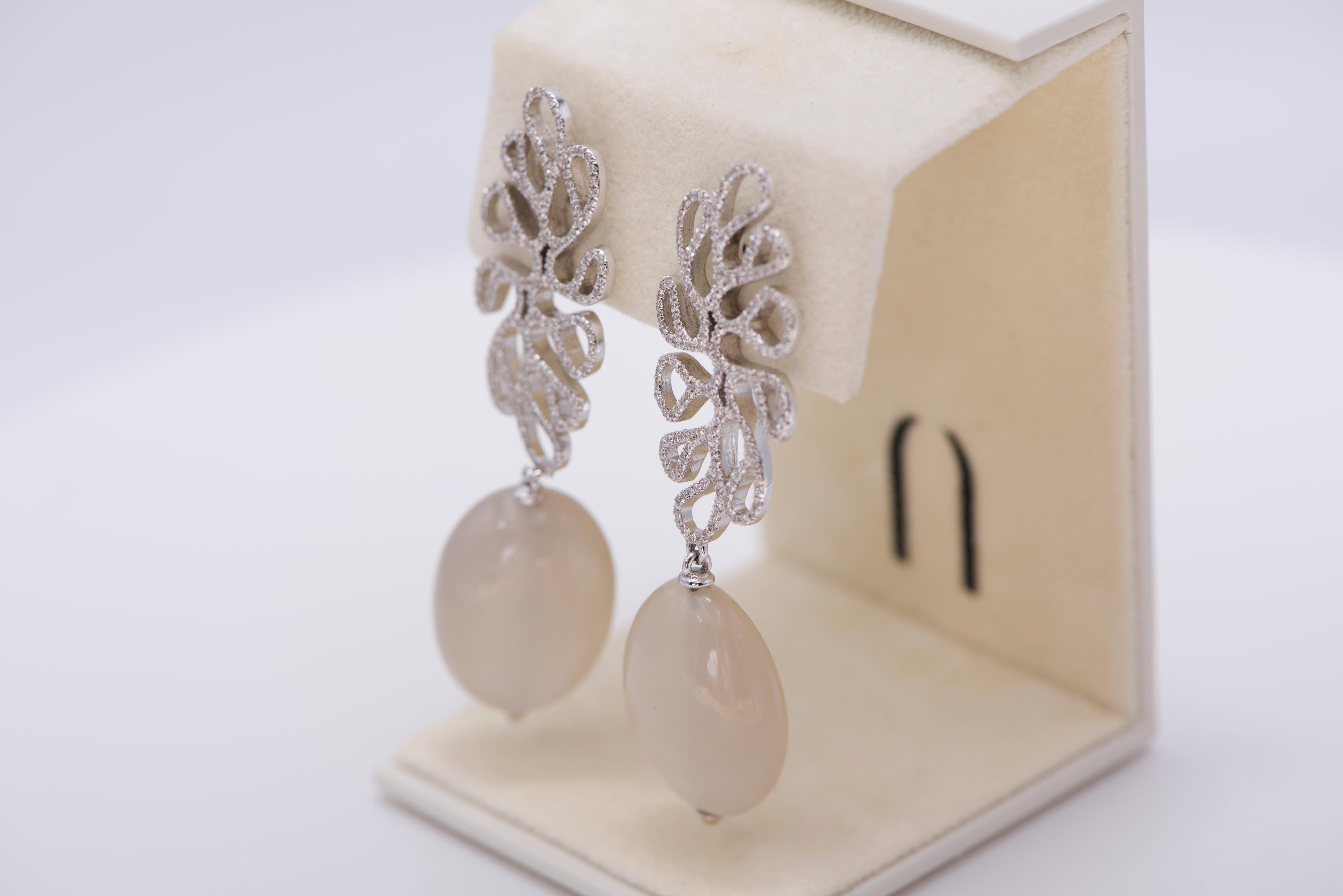 Drop earrings in 18K white gold (approx. 11.7g) with white diamonds (approx. 1.02 carats) and moonstone (approx. 12.30 carats) from Miseno's Foglia di Mare, or Sea Leaf, collection. This collection is inspired by the Mediterranean Sea and the life