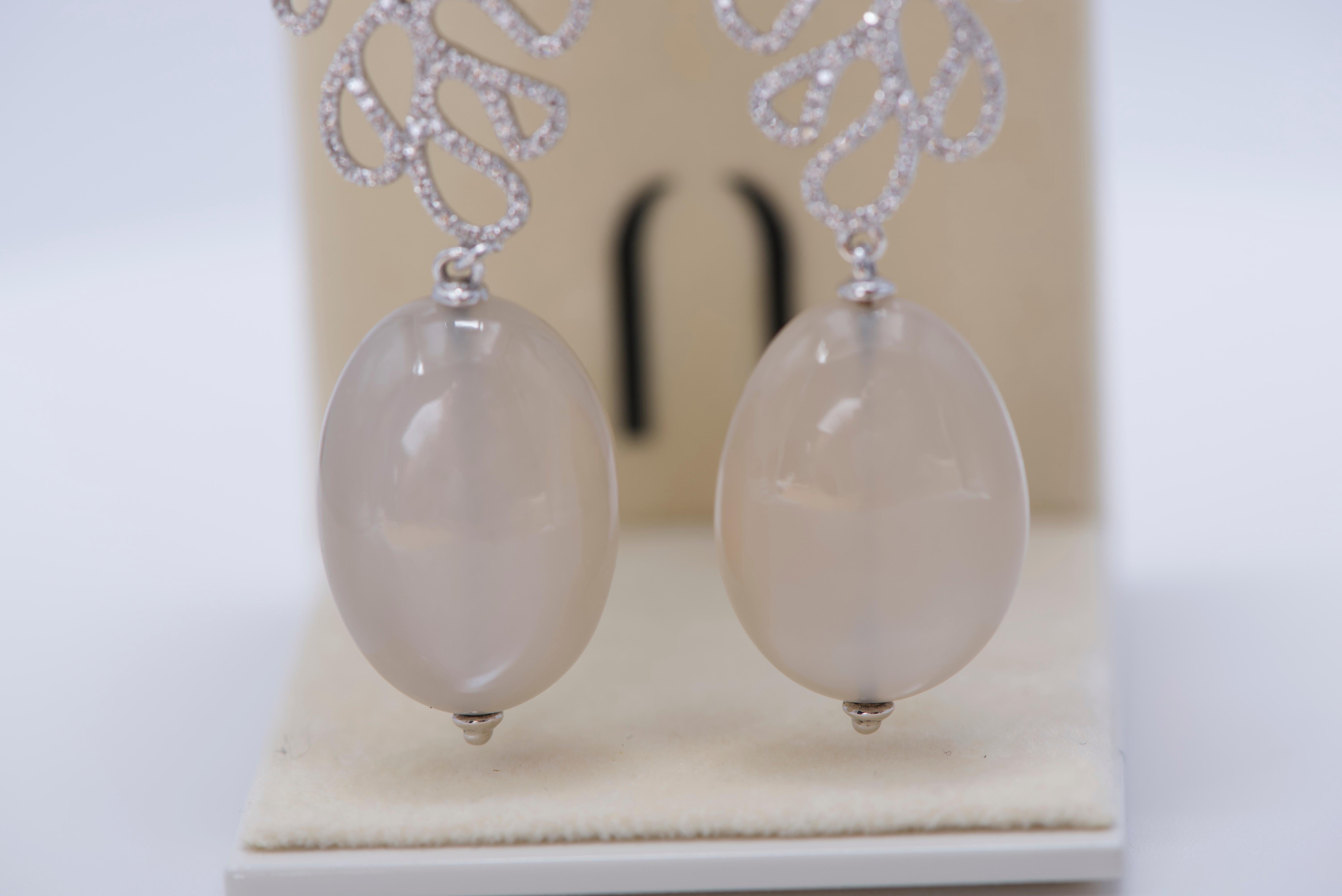 Round Cut 18K Gold, Diamond, and Moonstone Drop Earrings For Sale