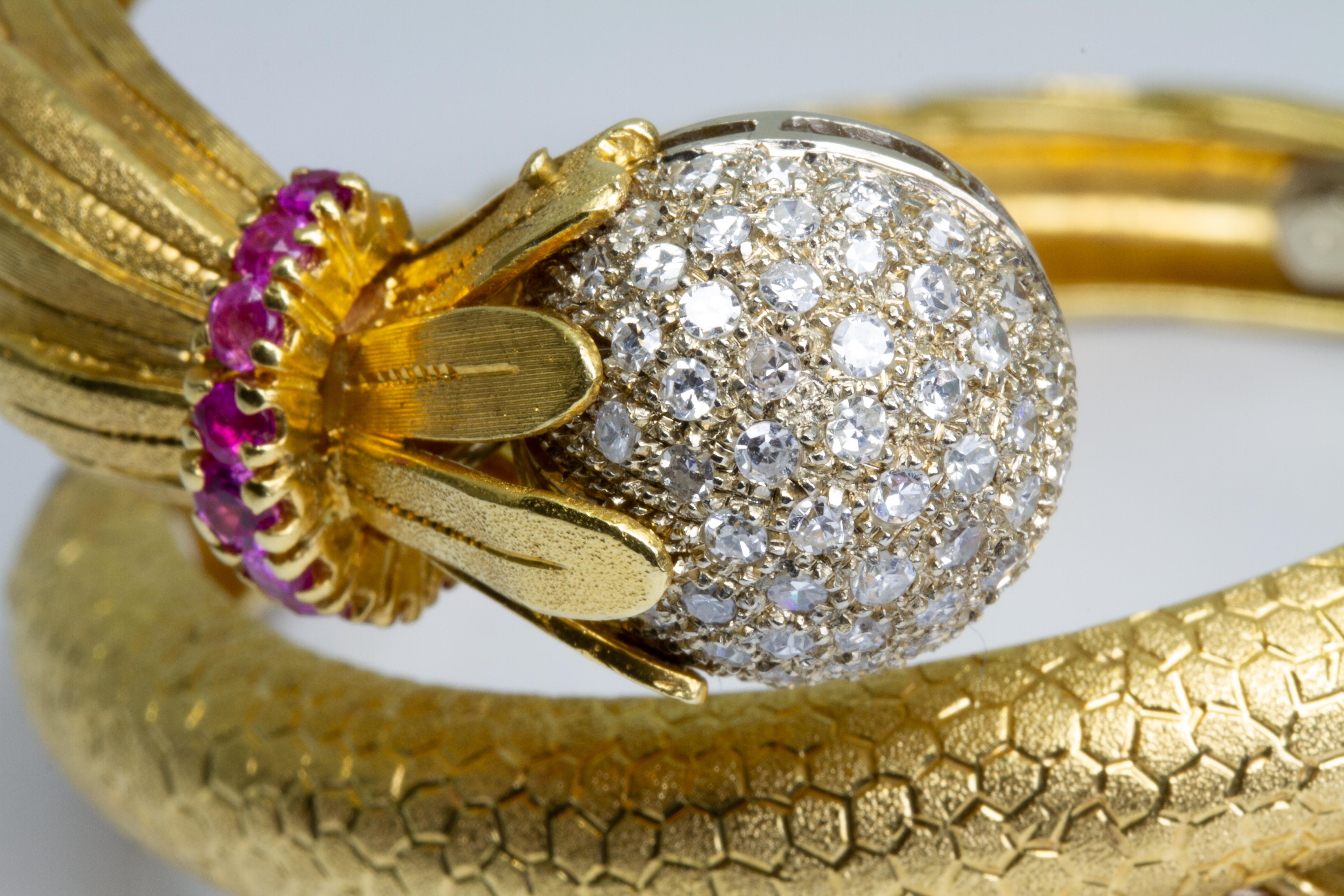 Brilliant Cut 18 Karat Gold Diamond and Ruby Coiled Bracelet