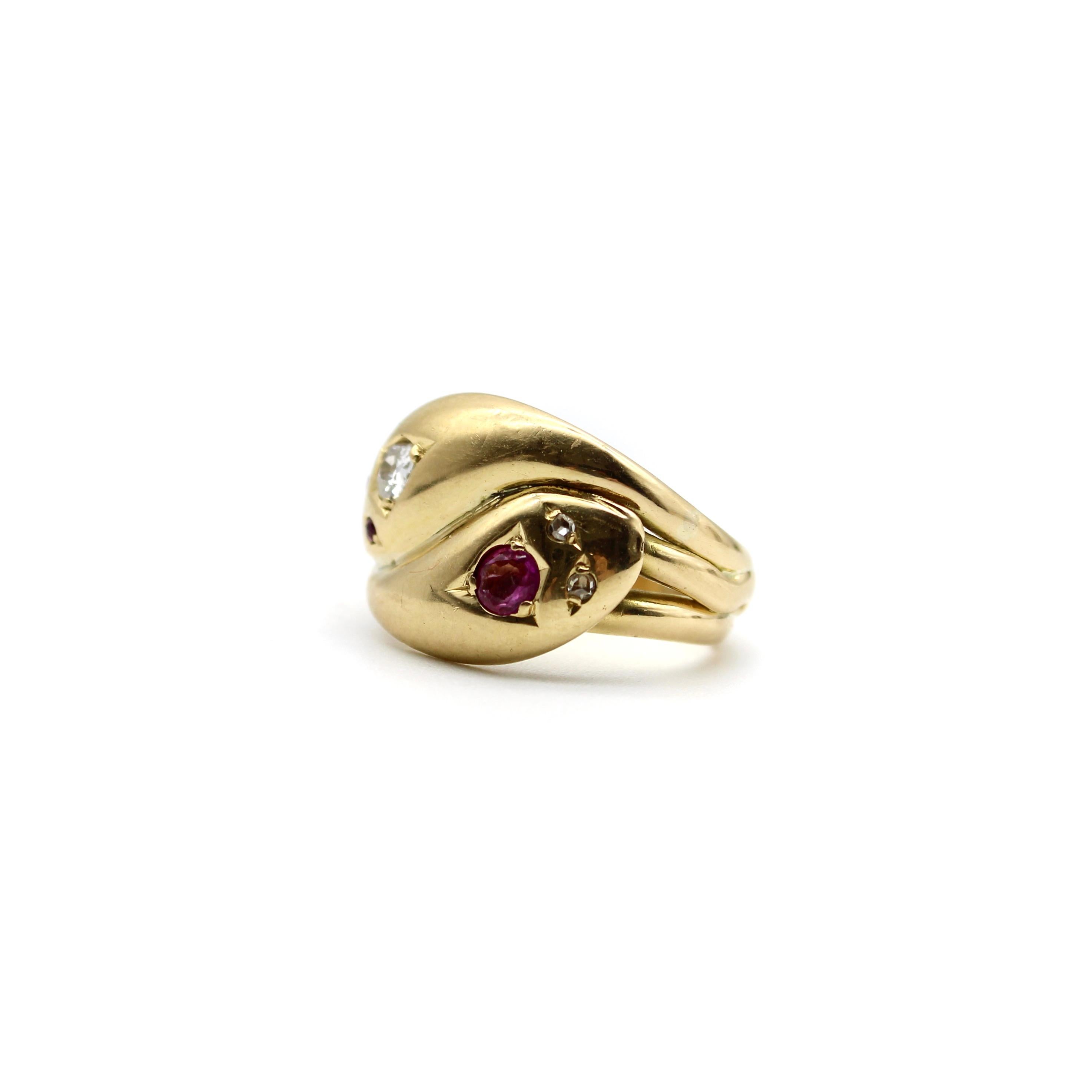 Old Mine Cut 18K Gold Diamond and Ruby Edwardian Double Head Snake Ring