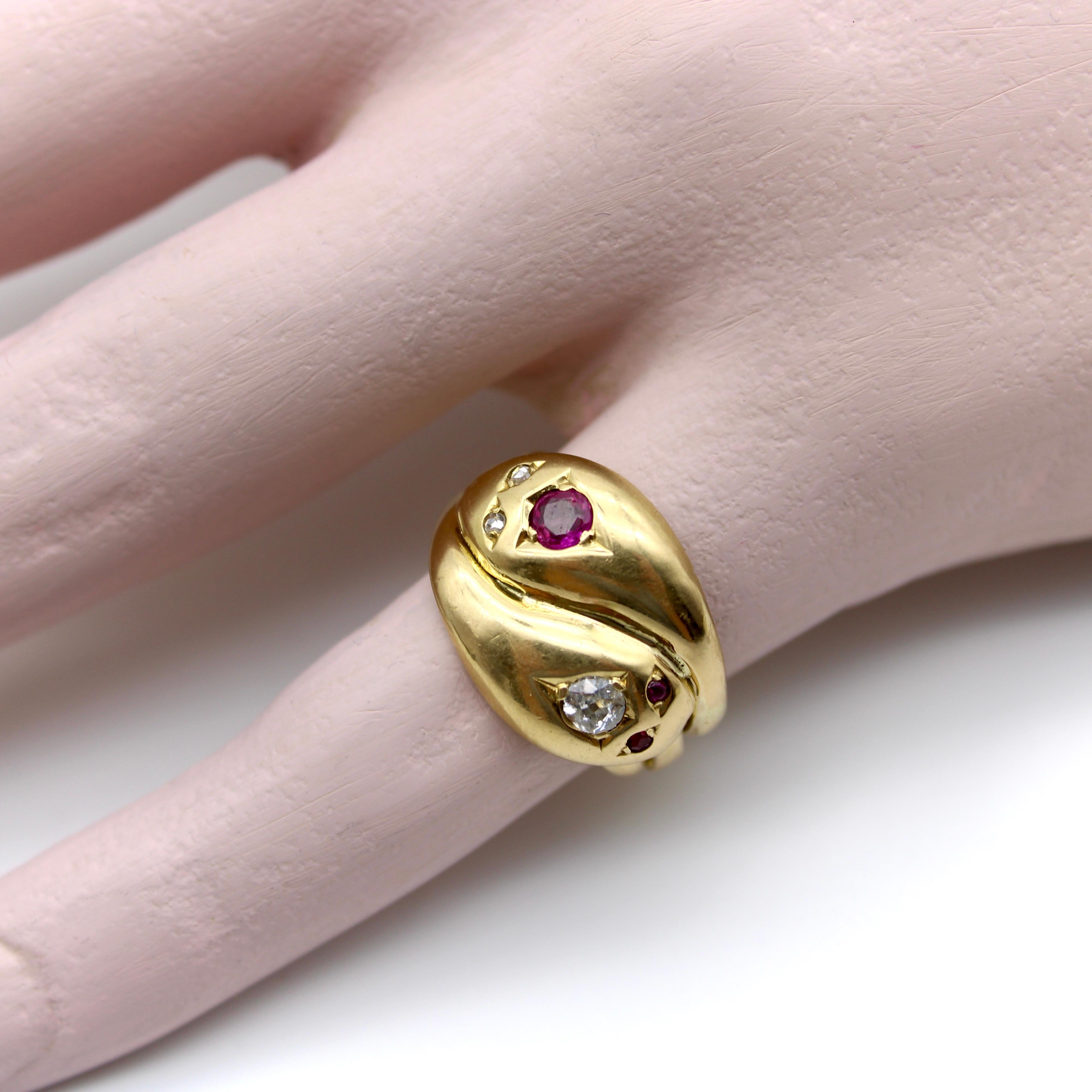 Women's or Men's 18K Gold Diamond and Ruby Edwardian Double Head Snake Ring