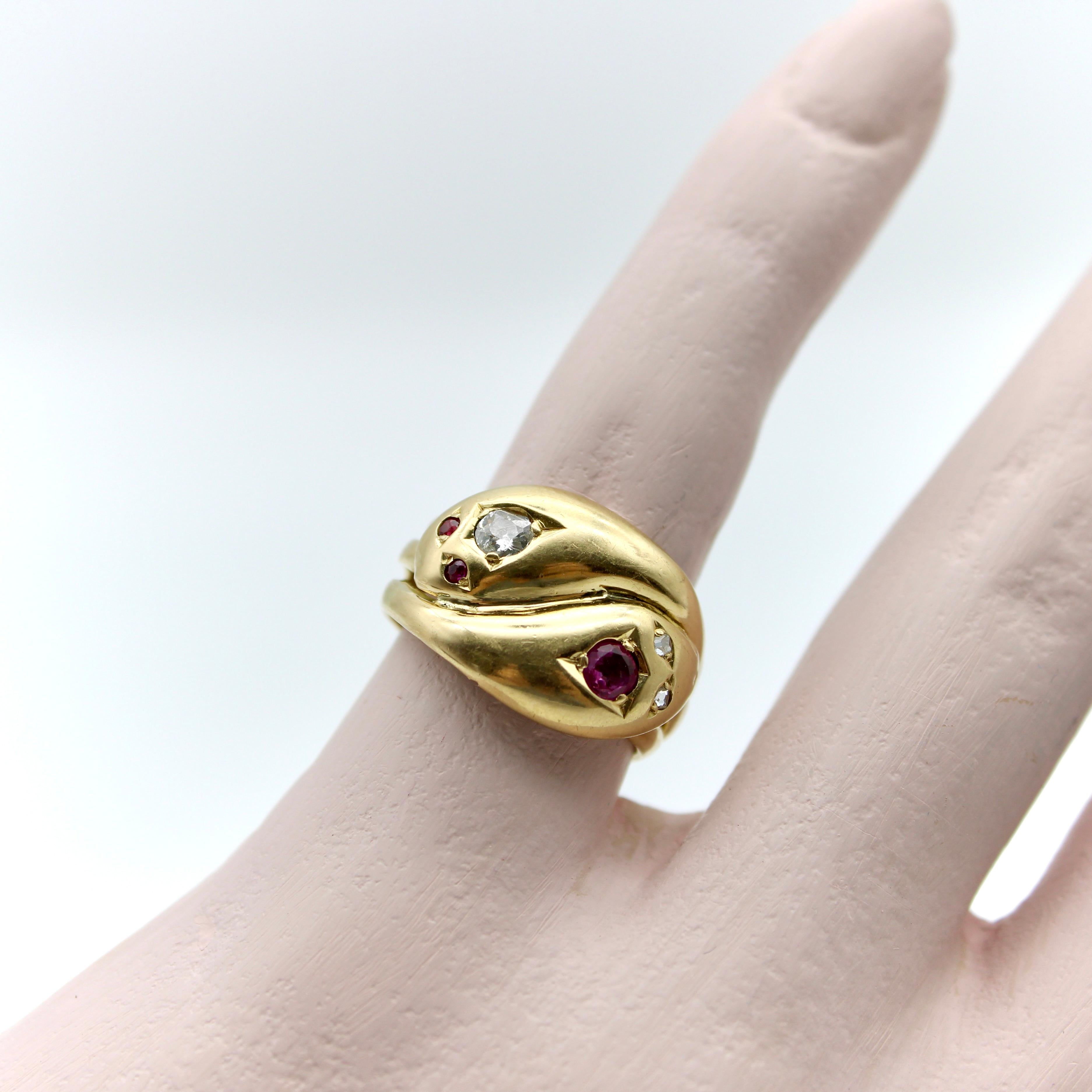 18K Gold Diamond and Ruby Edwardian Double Head Snake Ring 1