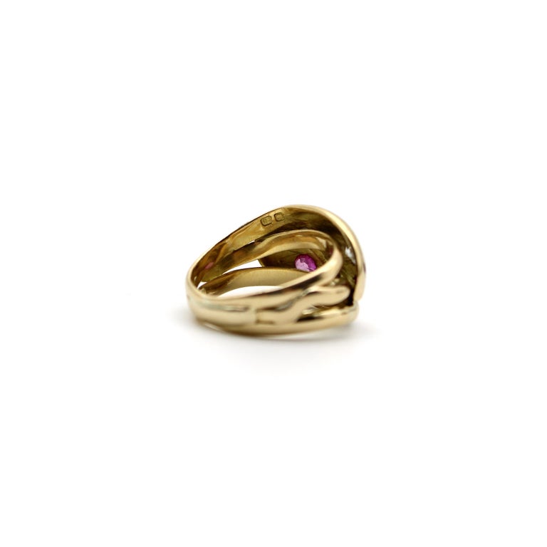 18K Gold Diamond and Ruby Edwardian Double Head Snake Ring at 1stDibs