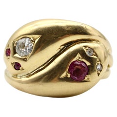 18K Gold Diamond and Ruby Edwardian Double Head Snake Ring