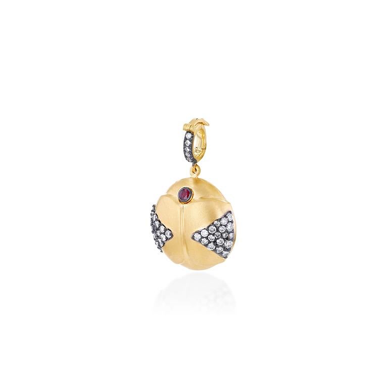 Contemporary 18k Gold Diamond and Ruby LadyBug Pendant For Sale