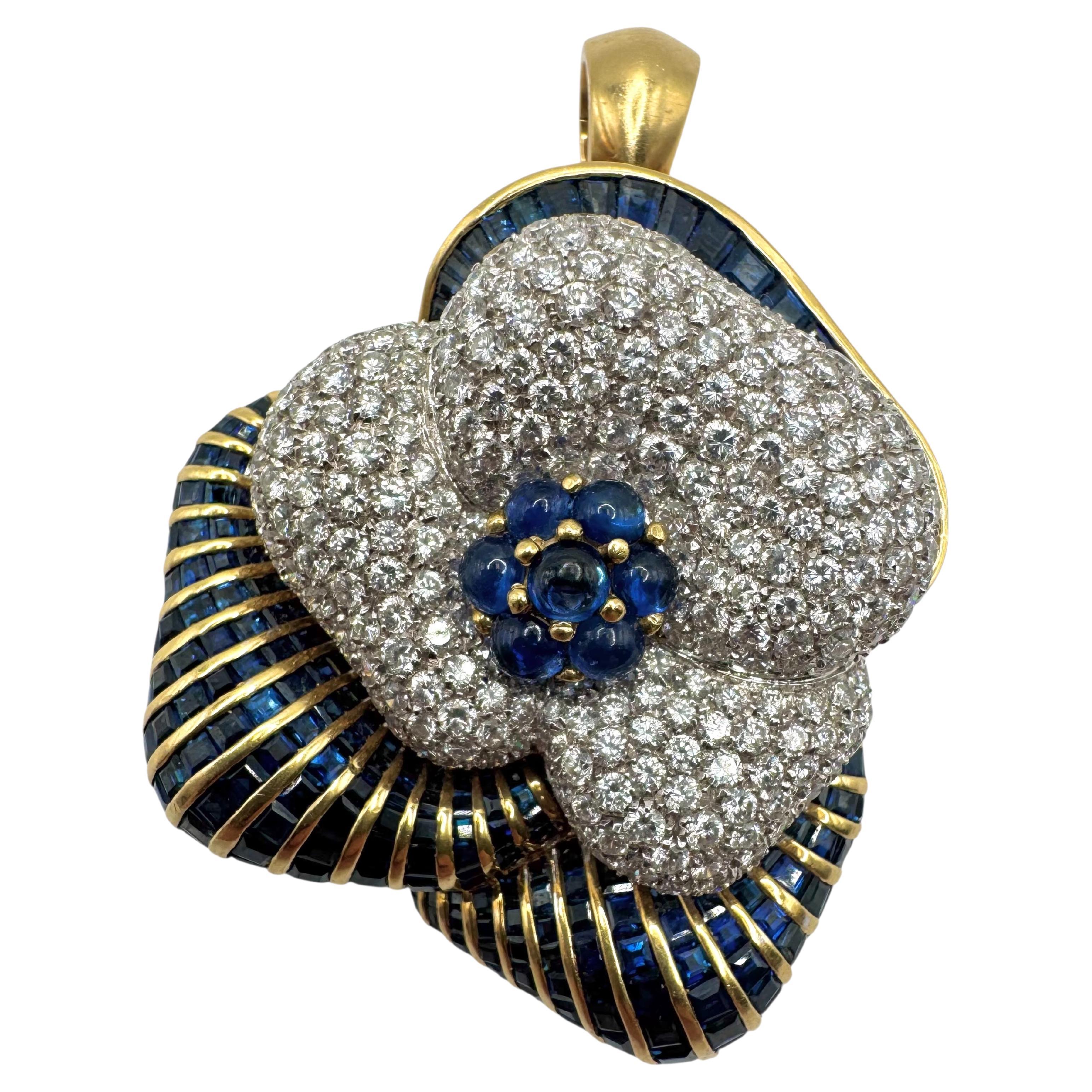 18K Gold Diamond and Sapphire Convertible Floral Brooch-Pendant and Earrings Set