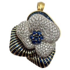 Vintage 18K Gold Diamond and Sapphire Convertible Floral Brooch-Pendant and Earrings Set